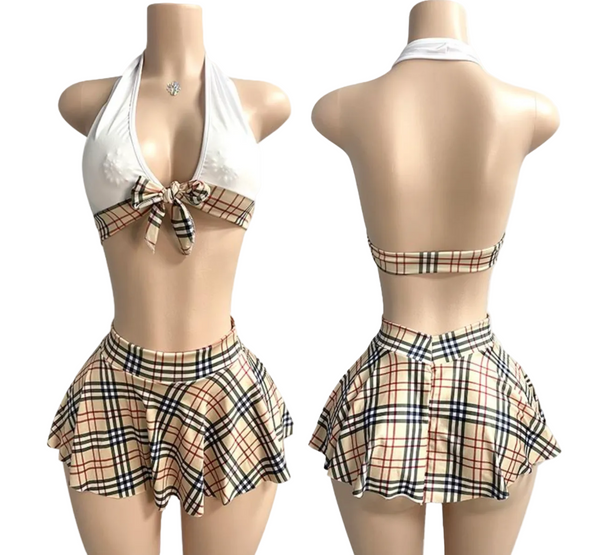 Golden Heiress Plaid 2-Piece Set (Bra & Skirt)